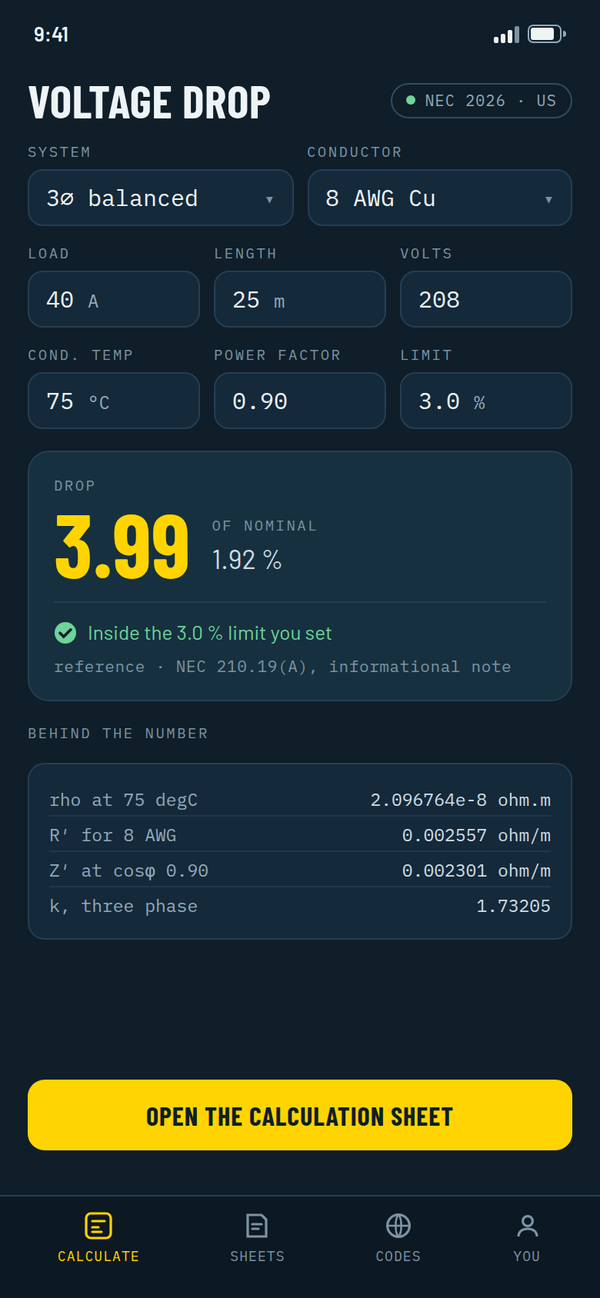Voltage drop screen: inputs, a 3.99 V result at 1.92 per cent, and the intermediate values behind it