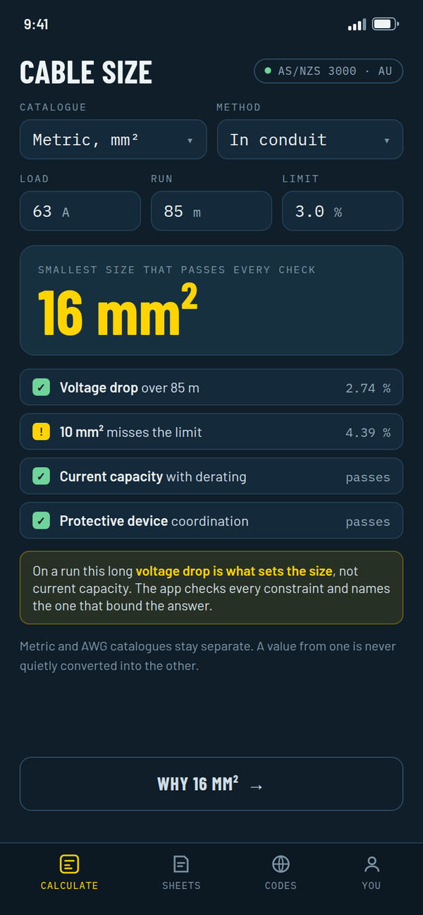 Cable size screen showing 16 square millimetres selected, with four constraint checks and the binding one named